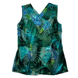 Vintage 2000s Women's S Velvet Burnout Top Teal Gold V-Neck Sleeveless Blouse